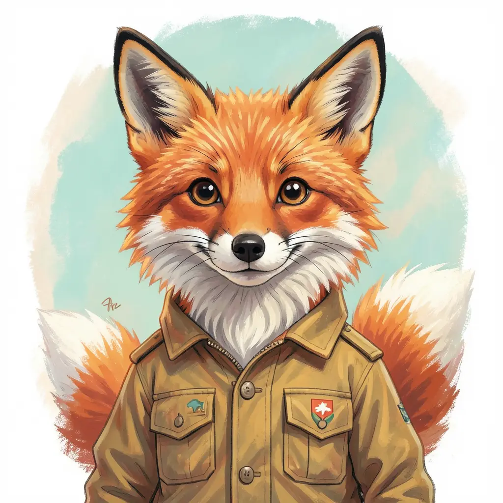 Ein stilisiertes Porträt eines Fuchses in einer kleinen Entdeckerjacke, ausdrucksstarke Augen, malerischer Illustrationsstil, warme Orange- und Petrol-Farbpalette, weiche Pinselstriche, detaillierte Felltextur